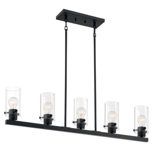 Satco Sommerset 5 Light Island Pendant Fixture, Matte Black, Clear Glass