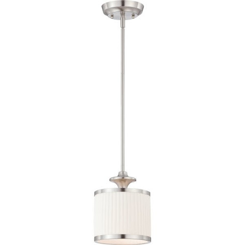 Satco Nuvo Brushed Nickel Candice One-Light Mini Pendant, Pleated White Shade
