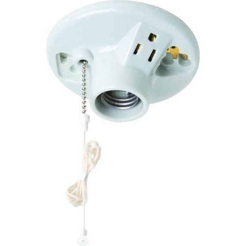 Satco Porcelain Pull Chain Ceiling Socket With Outlet, Medium Base, Ivory