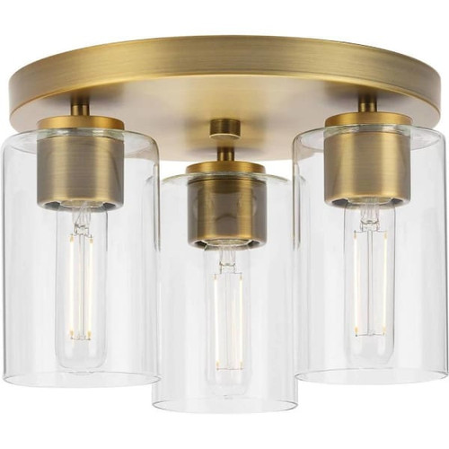 Progress Lighting Cofield 3-Light Flush Mount, 12", Vintage Brass, Clear