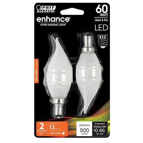 FEIT Ba10 5.5 Watt 2700k E12 Base Frosted Filament Flame Tip LED Bulb (12-Pack)