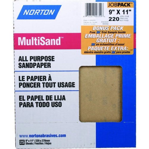Norton 9 X 11" Very Fine 220-Grit Adalox Sand Paper Sheet 25/Pk