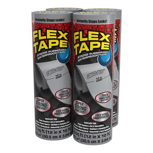 Flex Seal Strong Rubberized Waterproof Tape, Gray, 12" X 10', Case Of 4