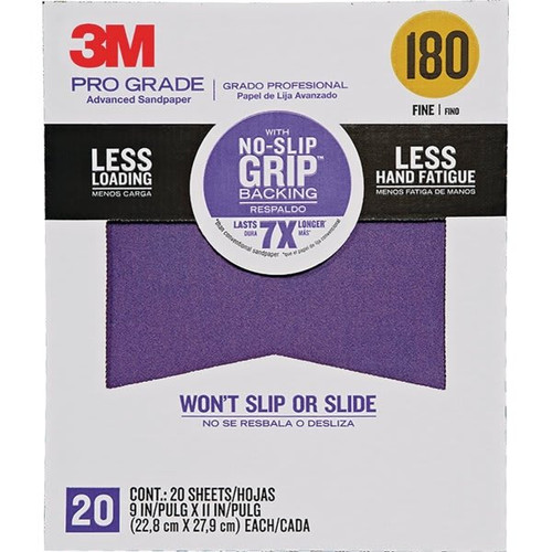 3m 27180tri-20 9" X 11" 180 Grit Pro Grade No Slip Grip Sandpaper, Package Of 20