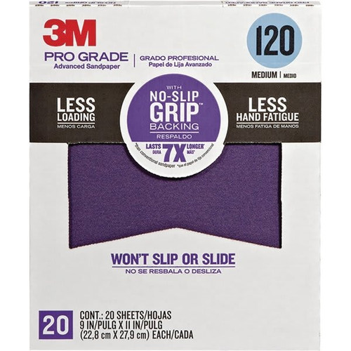 3m 27120tri-20 9" X 11" 120 Grit Pro Grade No Slip Grip Sandpaper, Package Of 20