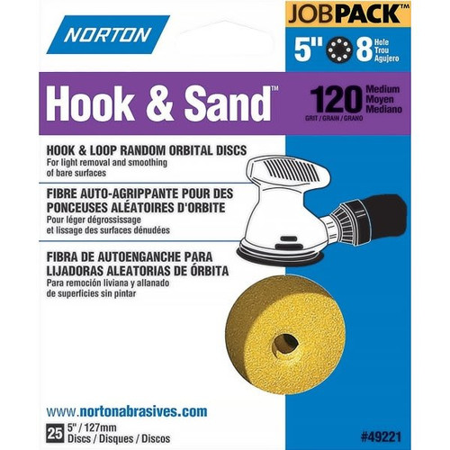 Norton 49221 5" P120 8 Hole Hook And Loop Disc, Package Of 25