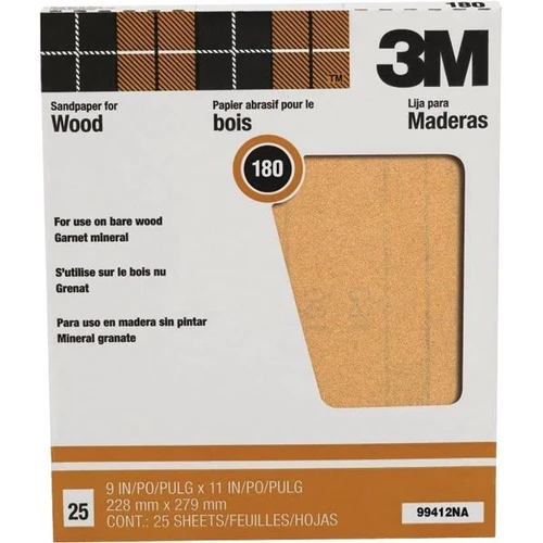 3m 99412na 9" X 11" 180a Garnet Sandpaper, Package Of 25