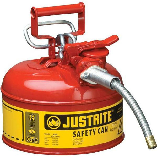 Justrite Accuflow  1 Gallon Red Type II Safety Can With 9"L X 5/8" Dia. Metal Hose