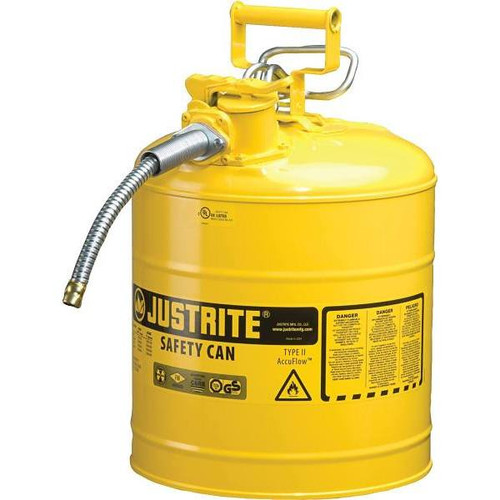 Justrite Accuflow  5 Gallon Yellow Type II Safety Can With 9"L X 5/8" Dia. Metal Hose