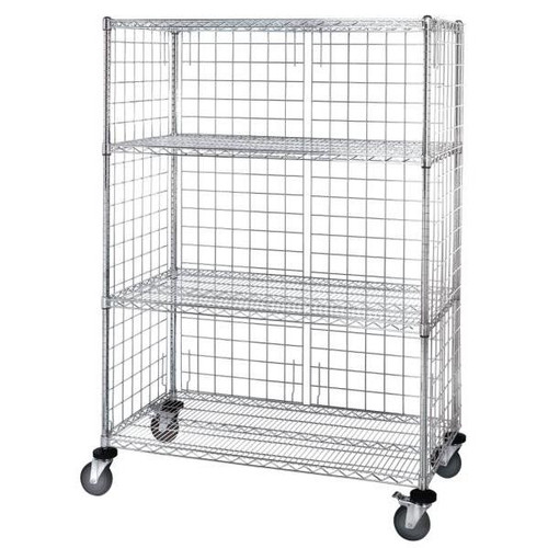 Quantum Storage Systems Chrome Wire 3 Sided 4 Shelf Cart With Enclosure Panels 18wx36lx63h