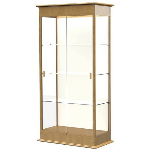 Ghent Waddell Varsity Lighted Carmel Oak Case  W/Sliding Door/Plaque Fabric Back
