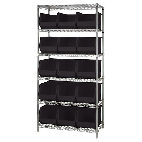 Quantum Storage Systems 8 Wire Shelf Unit With 15 Black Bins, 18" X 36" X 74"
