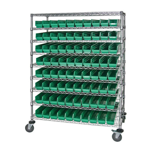 Quantum Storage Systems Wire Catheter Cart With 80 Green Bins, 24" X 48" X 69"