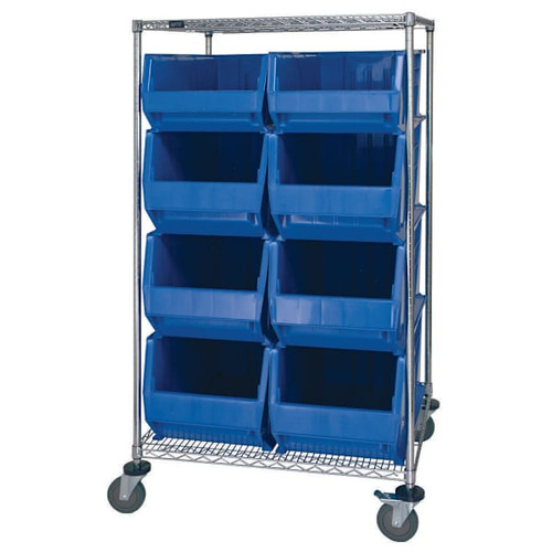 Quantum Storage Systems Wire Cart With 8 Blue Hulk Containers, 30" X 36" X 69"