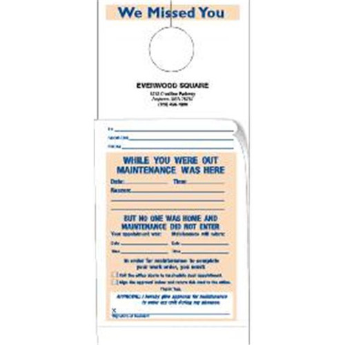 2-Part Maintenance Door Tags, We Missed You, 4-1/4 X 9, Package Of 100