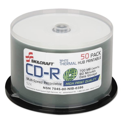 Skilcraft Cd-R Recordable Disc, 700m/80 Min, 52x, Spindle