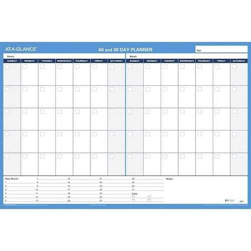 At-A-Glance 30/60-Day Horizontal Erasable Wall Planner 36 X 24 White/Blue Sheets