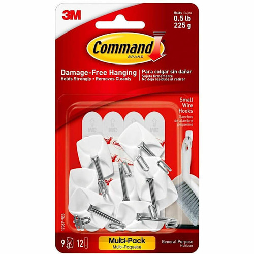 Command 0.5lb Capacity Damage-Free Small White Hanging Wire Hooks Case Of 9