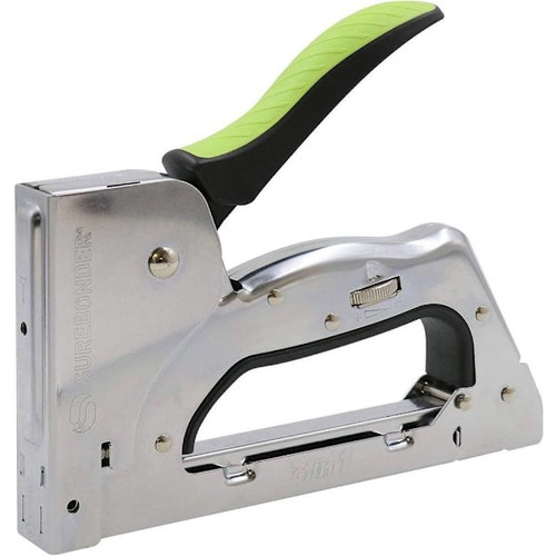 Surebonder 3-In-1 Heavy Duty Staple Gun, Chrome With Black / Green Rubber Handle