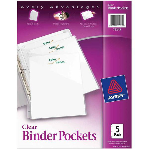 Avery Letter Vinyl File Pocket 3 Pockets 20 Sheet Capacity Clear Package Of 5