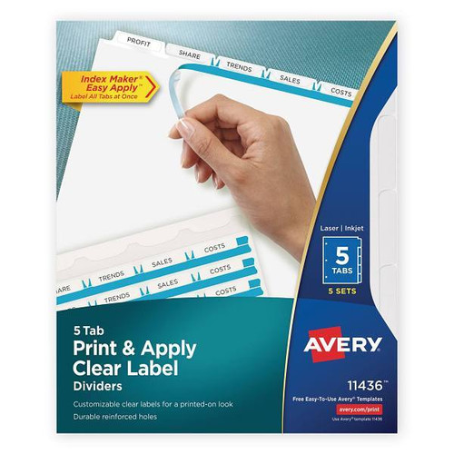 Avery Print Index Maker Clear Label Divider 5-Tab White Tabs 11x8.5 Package Of 5
