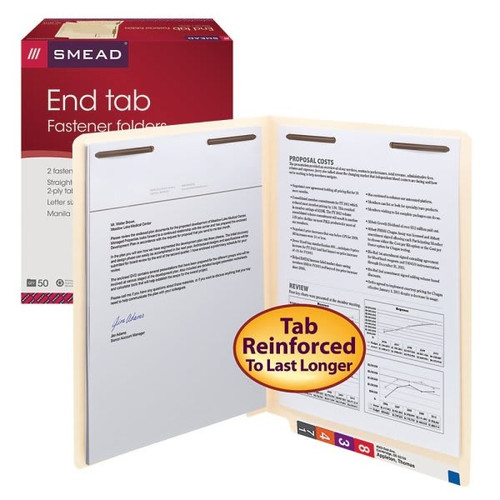 Smead Manila End Tab Folder With Fastener And 2-Ply Tabs, Package Of 50