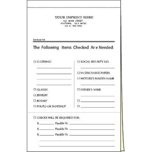 2-Part Items Needed Forms Package Of 100