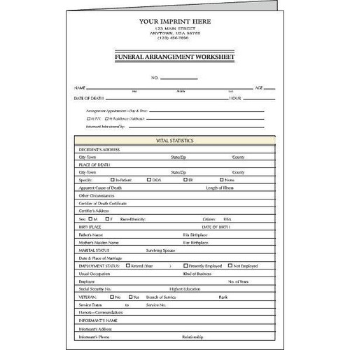Funeral Worksheet Version Ii, Imprinted Package Of 100