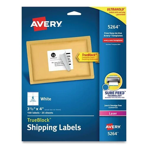 Avery Shipping Labels-Trueblock Tech Laser Printers 3.33x4 White Package Of 25