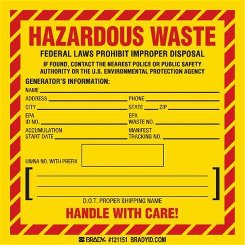 Brady "Hazardous" Label 6" H X 6" W X 0.004"D Black/Red/Yellow, Package Of 100