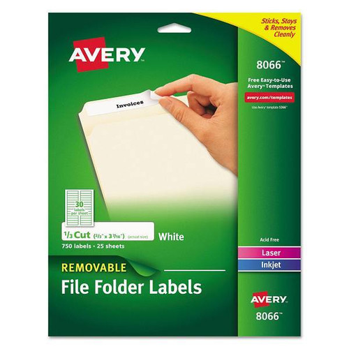 Avery Removable Folder Labels-Sure Feed Tech 0.66x3.44 White Package Of 25