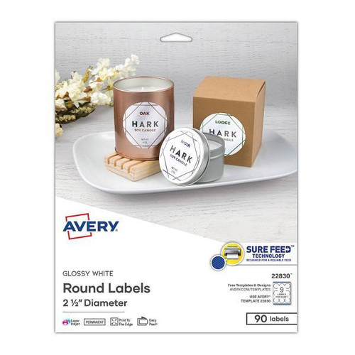 Avery Round Print-To-The Edge Labels With Surefeed Glossy White Package Of 90