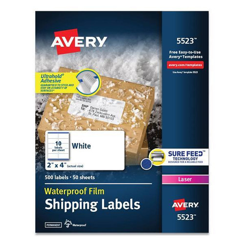Avery Waterproof Label-Trueblock/Sure Feed Laser Printer 2x4 White Package Of 50