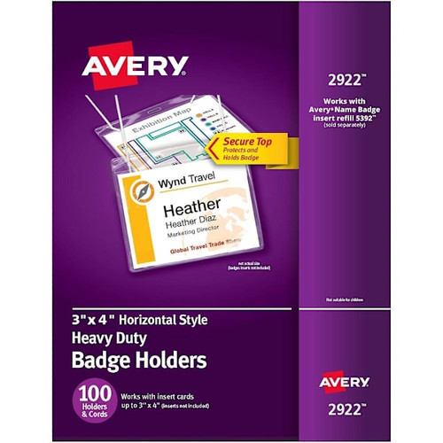 Avery Heavy Duty Badge Holder With Cord 3" X 4" Clear Package Of 100