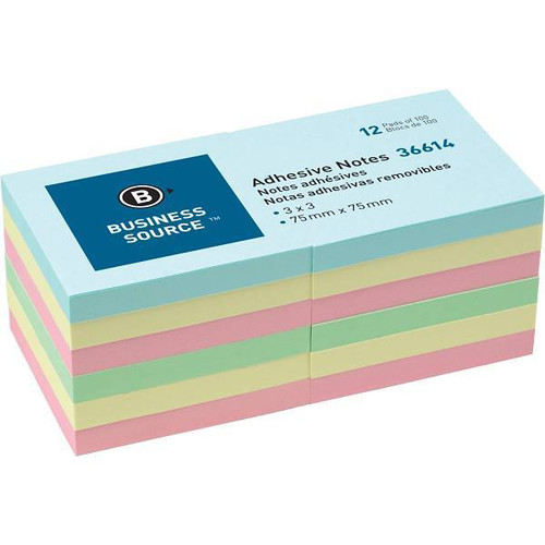Business Source Adhesive Notes 3"X3" Assorted Pastel Colors Package Of 12