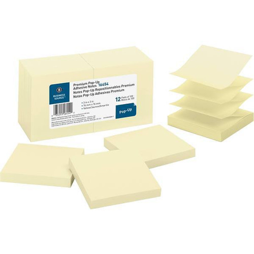 Business Source Reposition Pop-Up Adhesive Notes 3"X3" Yellow Package Of 12