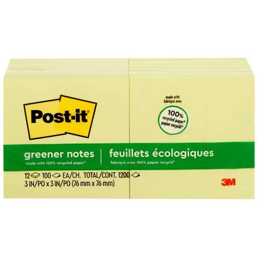 Post-It Greener Notes 1.5"X2" Recycled Canary Yellow Package Of 24