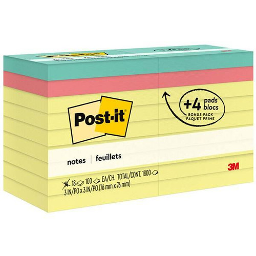 Post-It Notes Original Notepads 3"X5" Assorted Colors Package Of 18