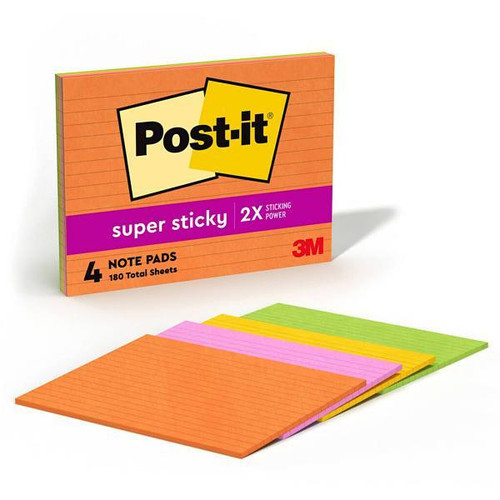 Post-It Super Sticky Lined Meeting Notepads 3"X3" Assorted Colors Package Of 4