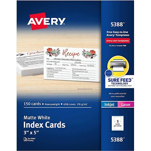 Avery Inkjet/Laser Index Cards 3" X 5" Heavyweight Matte White Package Of 150
