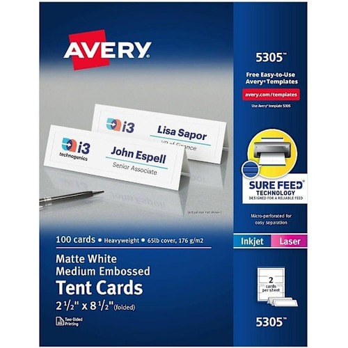 Avery Inkjet/Laser Tent Card 2.5" X 8.5" Heavyweight Matte White Package Of 100