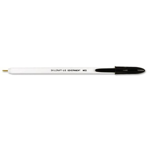Skilcraft Stick Ballpoint Pen, Medium 1mm, Black, White Barrel, Package Of 12