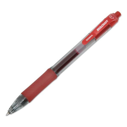 Skilcraft Zebra Retract Gel Pen, 0.7 Mm, Red Ink, Clear Barrel, Package Of 12