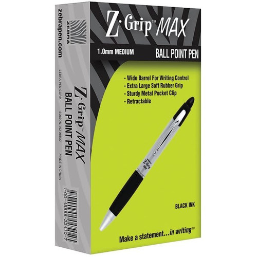 Zebra Z-Grip 1.0 Mm Black Medium Max Retractable Ballpoint Pen, Pack Of 12