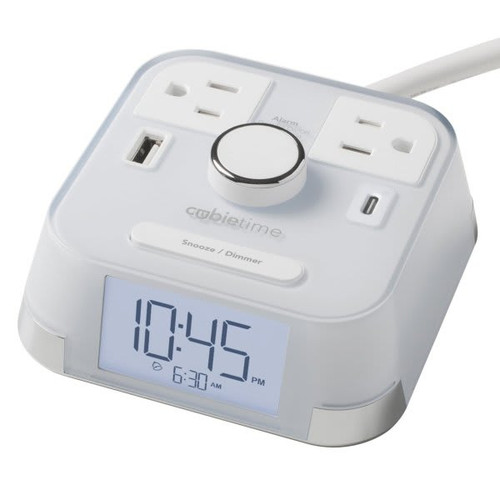 Brandstand Cubietime 2.0 White Alarm Clock With 2 Power Outlets And 2 Usb Ports