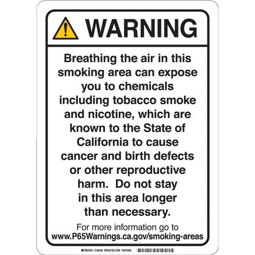Brady Prop 65 Regulatory Sign Smoking 14 Inch X 10 Inch Aluminum Black On White