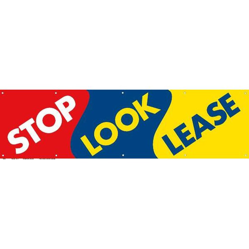Horizontal Stop! Look! Lease! Banner, Red/Blue/Yellow, 15' X 4'