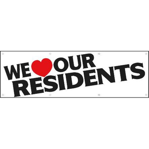 Horizontal We Love Our Residents Banner, Heart Shaped, 10' X 3'