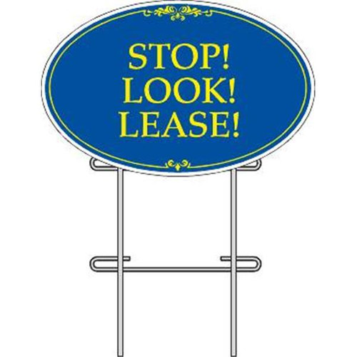 Coroplast Stop! Look! Lease! Oval Amenity Sign Kit, Blue/Yellow, 32 X 21