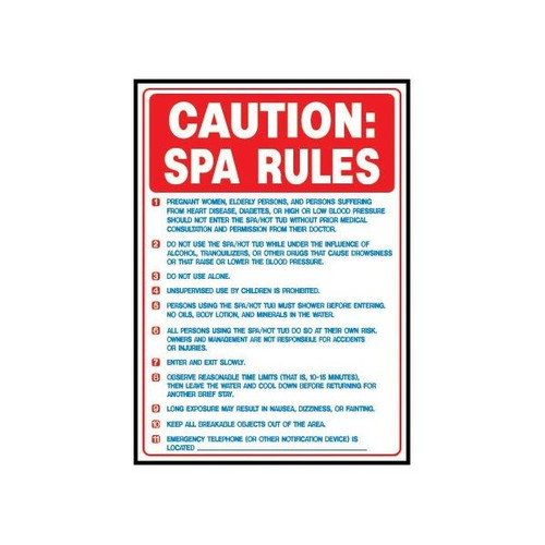Hy-Ko "Caution Spa Rules" Sign,  Polyethylene, 14" X 10", Package Of 5